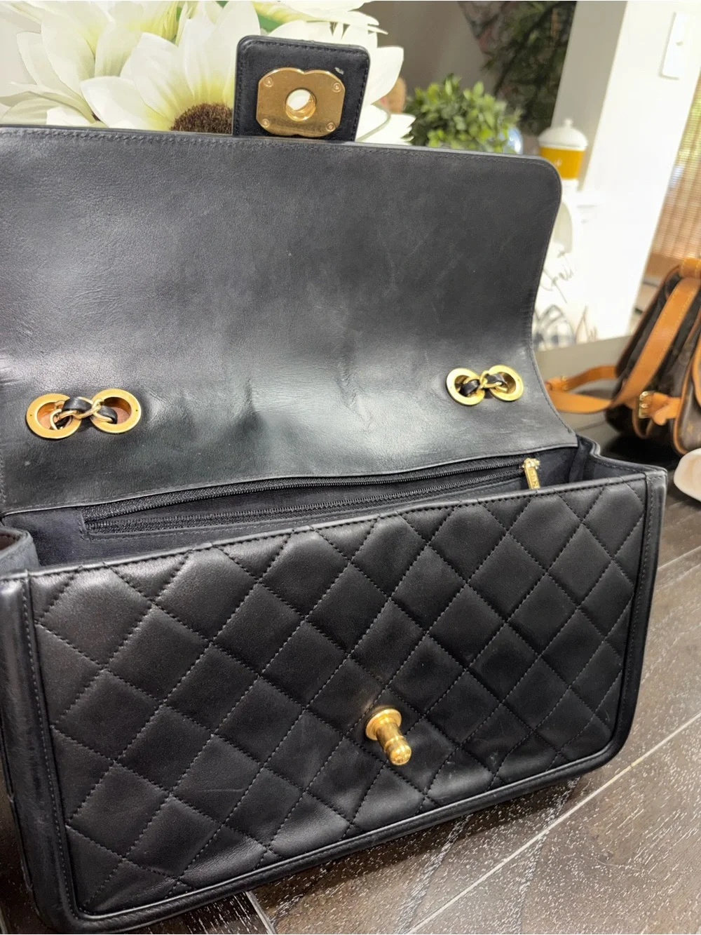 CHANEL Black Quilted Leather Shoulder Bag with Gold CC Turn-Lock